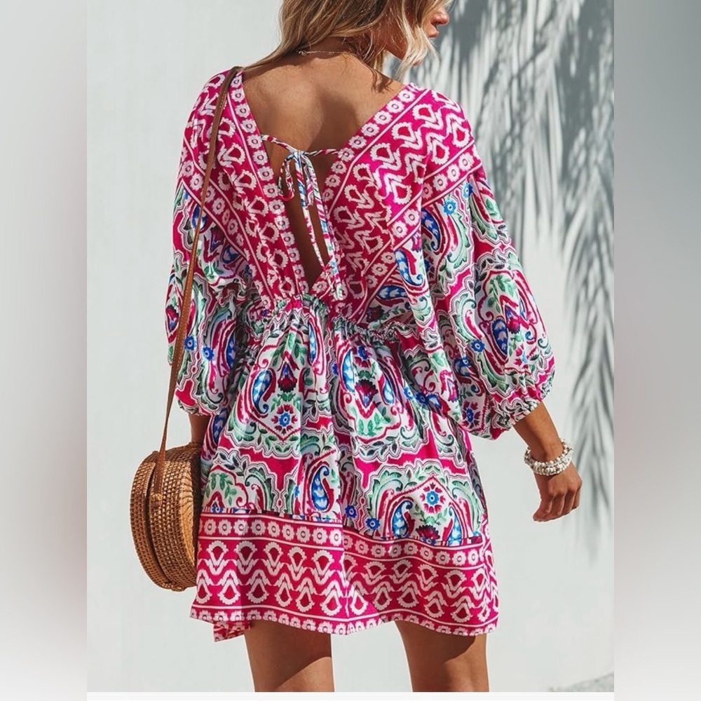 Cupshe Hot Pink Geo Puff Sleeve Mini Dress Size S - Picture 3 of 13